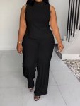 Plus Size Casual Solid Color Pants Set Split Sleeveless Top & Pants Outfits For Summer Women's Plus Size Clothing
