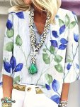 Leaf Print V-neck Blouse Casual 3 4 Sleeve Blouse For Spring & Summer Women's Clothing