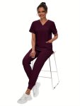 Solid Color 2PCS Modern Scrub Set V-neck 2 Pockets Scrub Top + Elastic Waist Scrub Bottoms Breathable & Comfortable Health Care