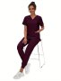 Solid Color 2pcs Modern Scrub Set V-Neck 2 Pockets Scrub Top + Elastic Waist Scrub Bottoms Breathable & Comfortable Health Care Uniform For Doctor