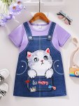 Little Girls 3D Cat & Suspender Graphic Round Neck Short Sleeve Dress For Summer Daily