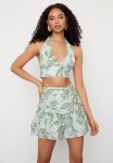Crop Tie Detailed Flounce Blouse Skirt Woven Bottom-top Set - Khaki