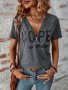 Half Zip Letter Print V Neck T-Shirt Casual Short Sleeve T-Shirt For Spring & Summer Women's Clothing