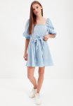 Checkered Square Collar MINI Dress - Blue
