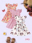 3PCS Girls Thin Butterfly flower Graphic Ruffle Trim Dress Set Strapped Dresses For Summer Holiday Gift Party