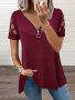 Plus Size Solid Half Zip T-shirt Stylish Hollow Out Short Sleeve Top For Summer Women's Plus Size Clothing