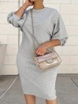 Plus Size Solid Lantern Sleeve Dress Casual Crew Neck Midi Dress For Spring & Fall Women's Plus Size Clothing