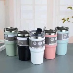 600ML Stainless Steel Travel Portable Vacuum Insulated Flask Cup With Straw - Black