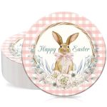Whaline 40PCS Easter Paper Plates 9 Inch Disposable Bunny Plates Pink Plaid Easter Rabbit Dessert Plate For Spring Baby Shower W