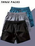 Men's Three-piece Set Of Solid Color Shorts With Drawstring And Pockets Casual And Comfy Shorts For Summer Fitness And Outdoors