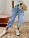 Women's High-waist Stretch Denim Jeans With Elastic Drawstring Waistband Distressed Ripped Detail And Rolled Hem - Slimming Crop
