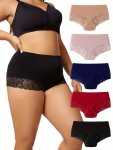 5 Pack Plus Size Elegant Panties Set Women's Plus Contrast Lace Seamless Mid Rise High Stretch Briefs 5PCS Set