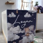 Fleece Blanket Dark Blue Bear Planes And Air Balloons