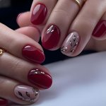 24 Pcs Glossy Short Square Press On Nails Solid Color Pinkish And Red False Nails With Leaf Pattern Design Glitter Reusable Acry