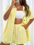 Solid Simple Two-piece Set Elegant Short Sleeve Button Up Shirt & Drawstring Shorts Outfits Women's Clothing