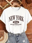 New York Print Crew Neck T-Shirt Short Sleeve Casual Top For Spring & Summer Women's Clothing