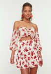 Underwater Patterned Woven Balloon Sleeve Blouse - White