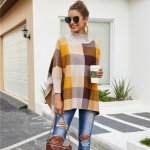 Fringed Mink Cashmere Plaid Cape Sweater Thick Sweater Color:light Brown Size:one Size