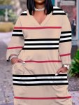Plus Size Stripe Print Color Block Pocket Tee Dress Casual Long Sleeve V Neck Dress For Spring & Fall Women's Plus Size Clothing