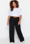 Plus Crepe High Waist Ribbed Knitted Trousers - Schwarz