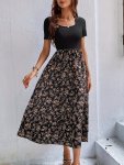 Floral Print Patchwork Waist Dress Elegant Short Sleeve Crew Neck Dress Women's Clothing