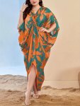 Plant Graphic Cover Up Dress V Neck Loose Fit Boho Style Beach Kaftan Women's Swimwear & Clothing For Holiday