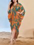 Plant Graphic Cover Up Dress V Neck Loose Fit Boho Style Beach Kaftan Women's Swimwear & Clothing For Holiday