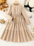 Elegant Ruffled Smocked Long-sleeve Dress For Girls A-line Sweet Comfy Dresses Spring Fall Party Gift