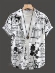 Men's Retro Letters And Pattern Print Short Sleeve Lapel Shirt Top Male Casual Button Up Shirt For Daily And Vacation Resorts Be