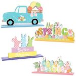 Obookey Easter Table Decor - 4PCS Wooden Colorful Decorations Bunny Egg Gnome Truck Sign Tiered Tray Spring Decor For Home Offic