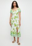 Printed Linen Look Empire Midi Dress - Green Floral Print