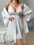 Contrast Lace Pajama Set Deep V Slip Dress & Long Sleeve Robe With Belt Women's Sleepwear & Loungewear