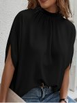 Solid Color Ruched Blouse Elegant Crew Neck Blouse For Spring & Summer Women's Clothing