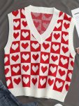 Heart Print V Neck Sweater Vest Casual Sleeveless Knit Tank Top Women's Clothing