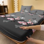 1PC Brushed Fitted Sheet Soft Comfortable Rose Butterfly Bedding Fitted Sheet For Bedroom Guest Room With Deep Pocket Fitted Bed