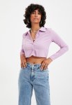 Button Fitted Polo Neck Wrap textured Crop Knitted Blouse - Lilac