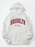Letter Print Kangaroo Pocket Hoodie Casual Long Sleeve Drawstring Hoodies Sweatshirt Women's Clothing