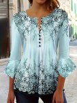 Floral Print Button Blouse Casual Ruffle Trim Half Sleeve Blouse Women's Clothing