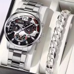 2PCS SET Men's Business Sports Quartz Watch Date Dial Analog Steel Band Wrist Watch & Bracelet Valentines Ramadan Gift For Him