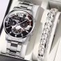 2pcs/set Men's Business Sports Quartz Watch Date Dial Analog Steel Band Wrist Watch & Bracelet Valentines Ramadan Gift For Him