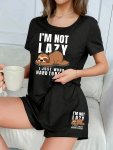 Women's Cute Sloth & Slogan Print Pajama Set Short Sleeve Round Neck Top & Shorts Comfortable Relaxed Fit