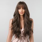 Long Brown Wig With Bangs Synthetic Wavy Bang Brown Wigs For Women Women Long Curly Heat Resistant Brown Hair Wig Cosplay Wig 26