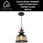 Black Metal Pendant Light Fitting With Cognac Glass - 60W Es