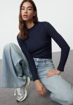 Navy Blue High Collar Ribbed Flexible Slim Fit Knitted Blouse