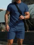 2-PIECE Men's Solid Color Summer Outfit Set Short Sleeve Quarter Zip Golf Shirt & Waist Drawstring Shorts With Pockets For Casua