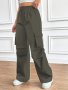 Drawstring Waist Ruched Wide Leg Cargo Pants Casual High Waist Wide Leg Street Wear Pants With Multi Pockets Women's Clothing