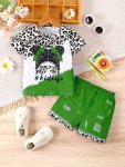 Baby's Leopard & Faux Denim Pattern Stitching 2PCS Trendy Summer Outfit Cartoon Portrait Print T-Shirt & Casual Shorts Set Toddl