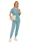 Solid Color 2PCS Modern Scrub Set Cross Neck 2 Pockets Scrub Top & Scrub Bottoms Breathable & Comfortable Health Care Uniform Fo