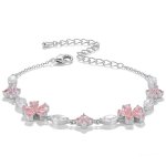 Cluksik Pink Crystal Cubic Zirconia Cherry Flower Bracelet Gold Silver Plated Adjustable Women's Delicate Fashion Jewelry