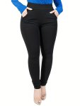 Plus Size Solid Pocket Slim Pants Casual High Waist Pants Women's Plus Size Clothing